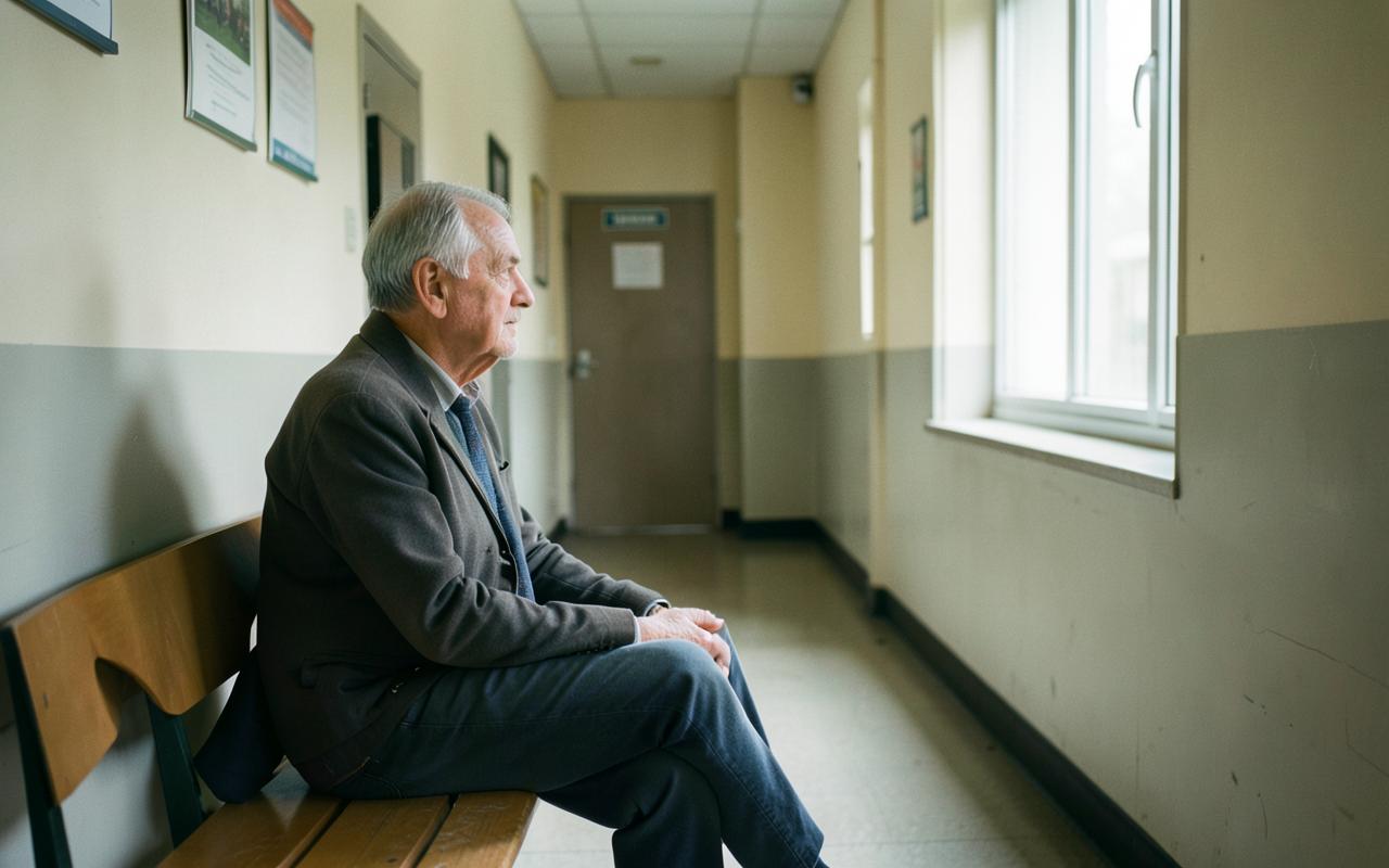 A person sitting at a kitchen table reading paperwork by daylight